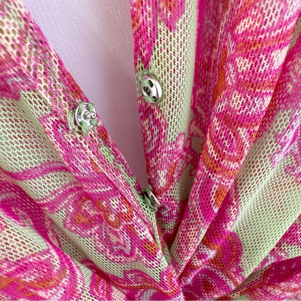 MISA PINK GREEN VINTAGE PAISLEY PRINT AVA MESH TWIST FRONT SLEEVELESS MIDI DRESS - Picture 6 of 14